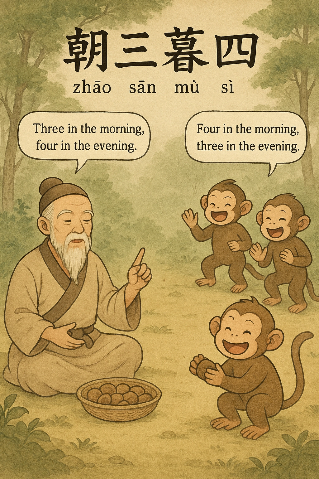 Old man holding acorns and monkeys around him, story of “朝三暮四” (zhāo sān mù sì), Chinese idiom about being fickle, Mandarin Learn, Mandarin Study, Chinese culture teaching.