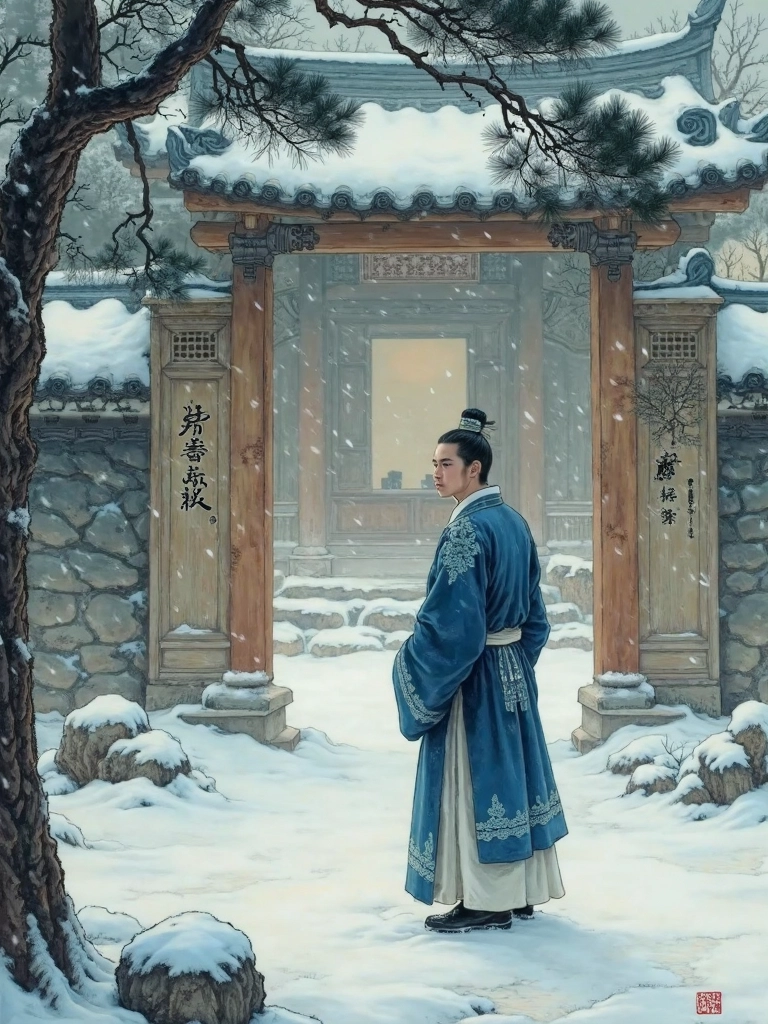 Illustration of Yang Shi waiting in the snow while Cheng Yi meditates inside, Chinese idiom “程门立雪”, Mandarin Study, Learn Chinese idioms, Neo-Confucian story.