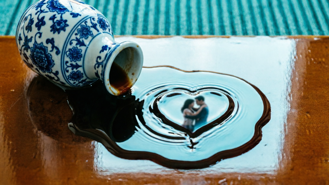 Chi Cu eating vinegar metaphor, pouring vinegar forming a heart shape, jealousy concept