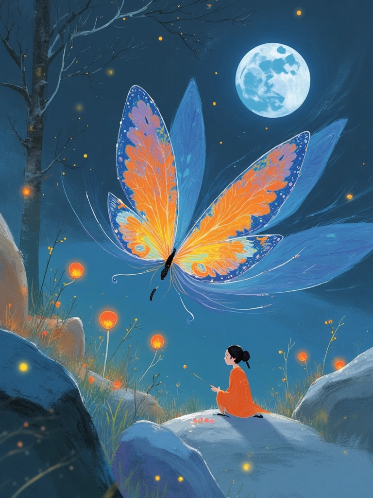Illustration of the Chinese idiom 栩栩如生 (Xǔ Xǔ Rú Shēng), showing a vividly lifelike butterfly, representing realistic depictions in art and literature — ideal for Mandarin learning and Chinese culture education.