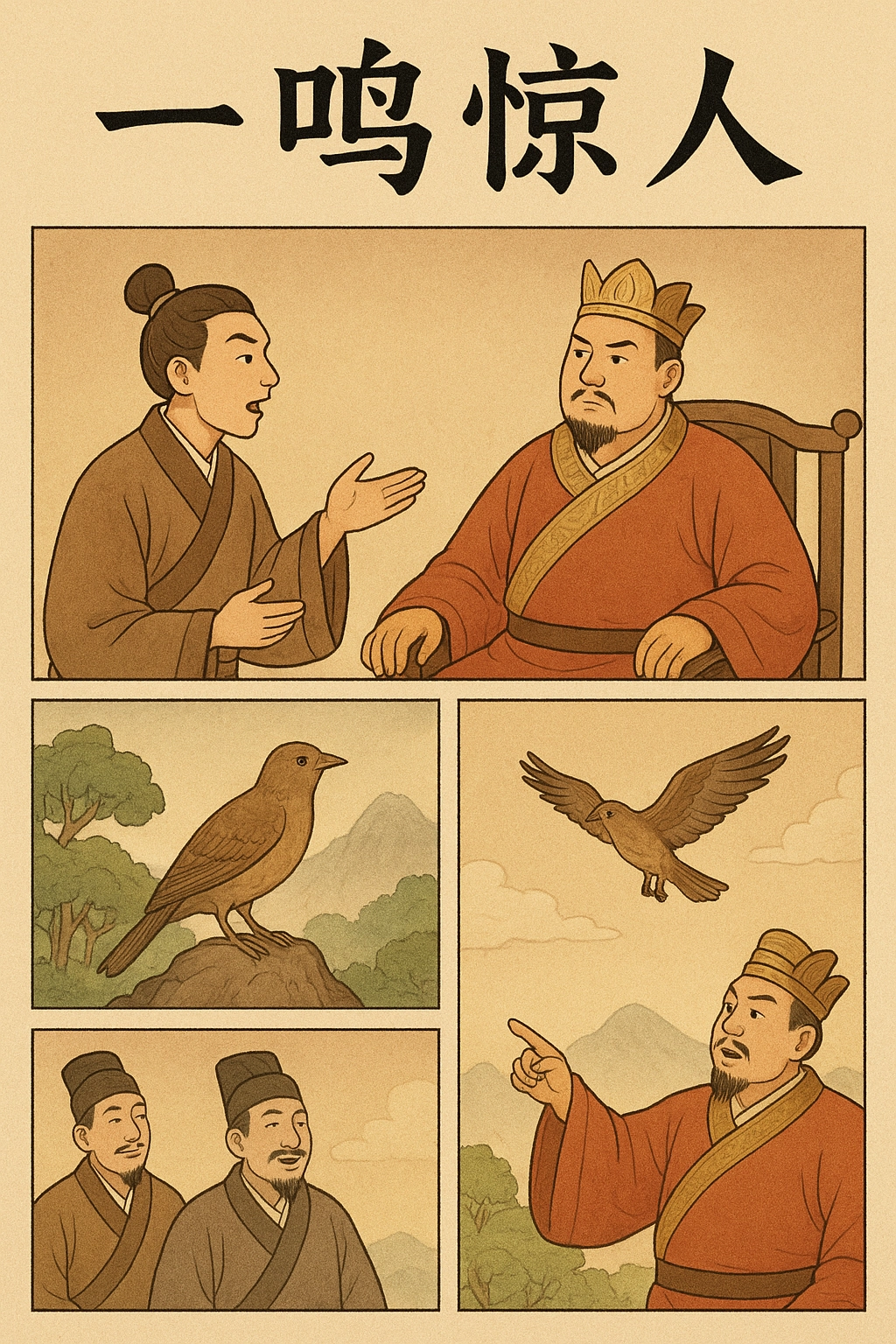 Illustration of King Jingzhuang of Chu listening to Cheng Gongjia, Chinese idiom story “一鸣惊人”, Mandarin Study, Learn Chinese idioms.