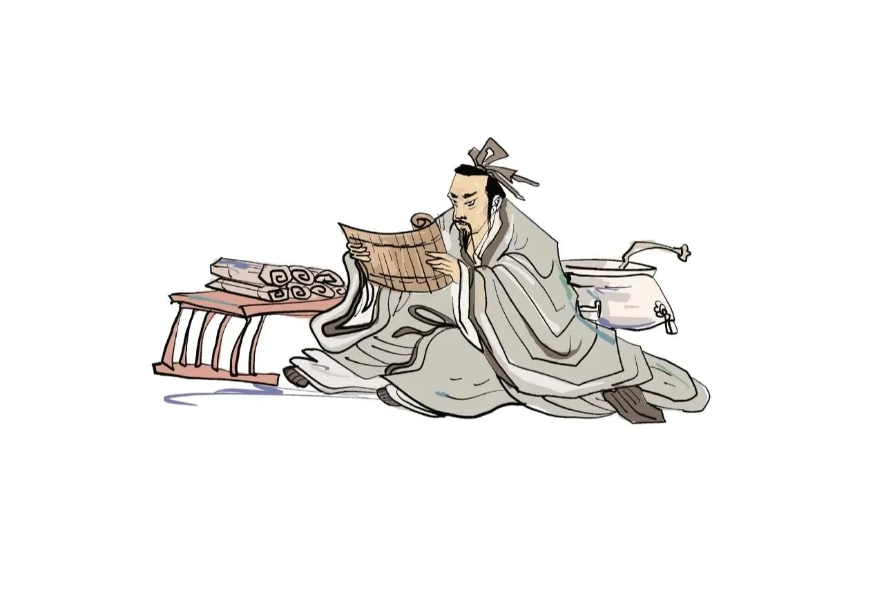 Scholar reading bamboo slips in ancient China