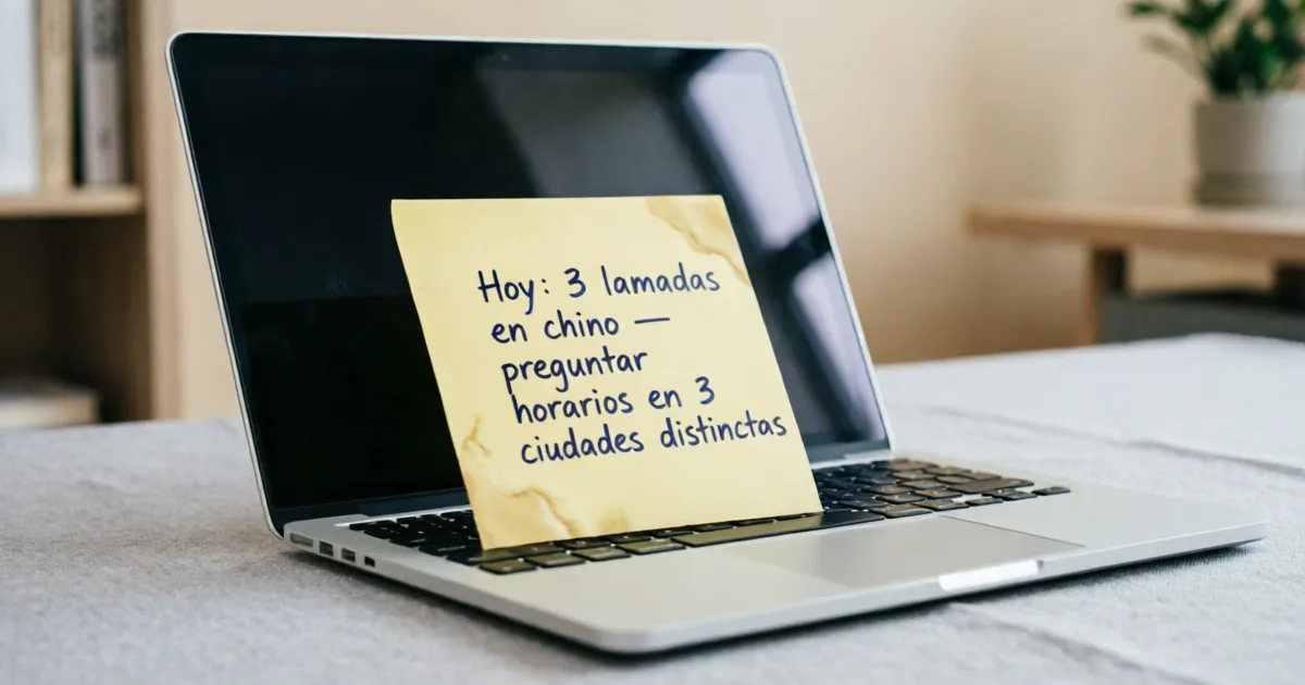 handwritten sticky note on a laptop: 'Hoy: 3 llamadas en chino — preguntar horarios en 3 ciudades distintas' (2)