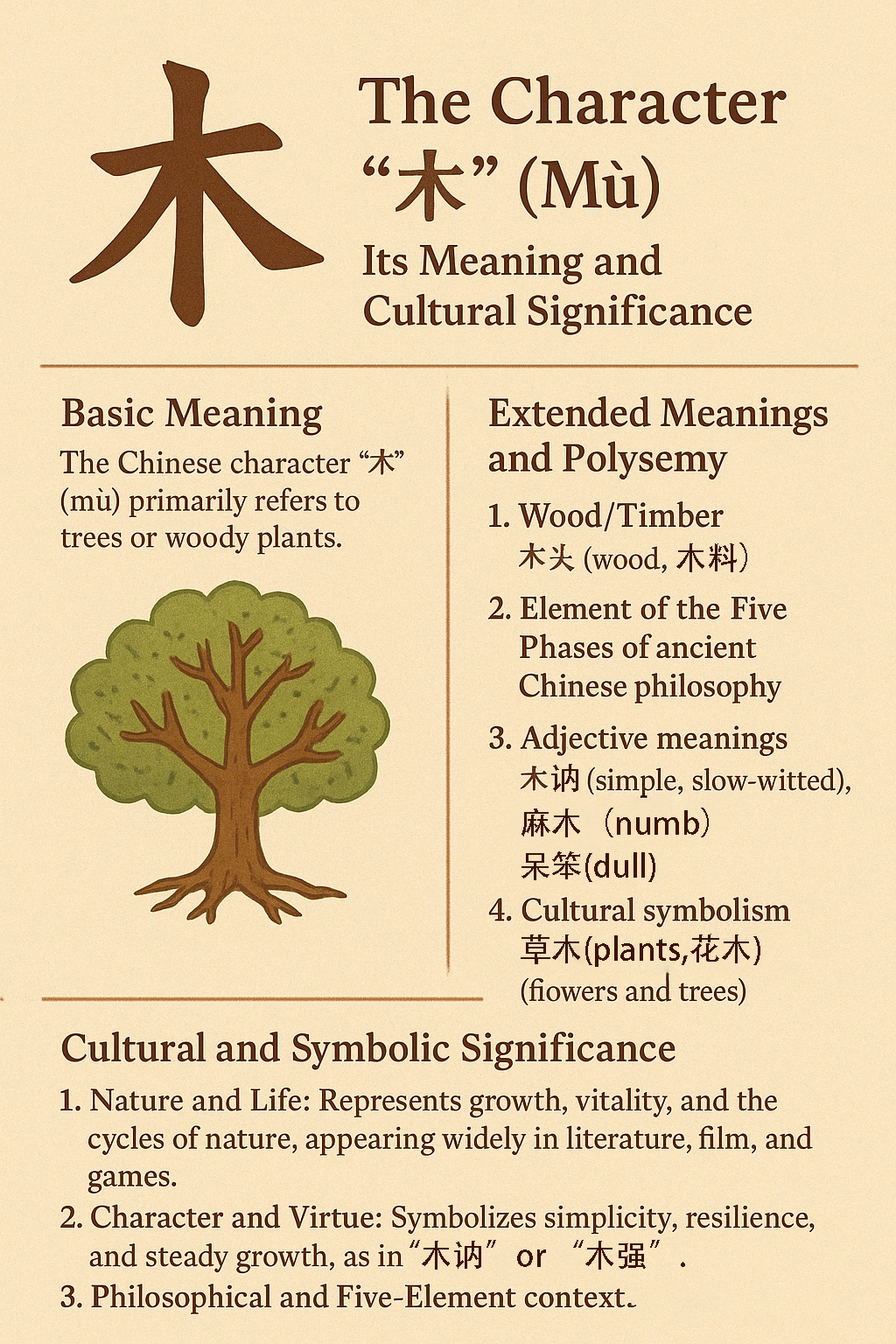 RPLschool Mandarin learning — Chinese character “木” (mù) representing trees, wood, growth, and cultural symbolism in Chinese language and literature.