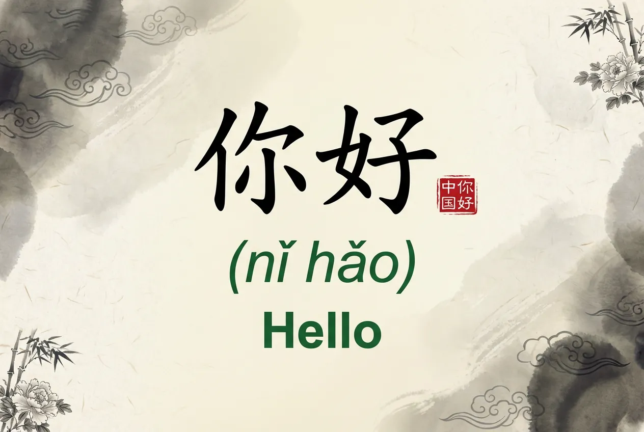 Chinese greeting '你好' (nǐ hǎo) meaning 'Hello' written in Chinese characters with pronunciation