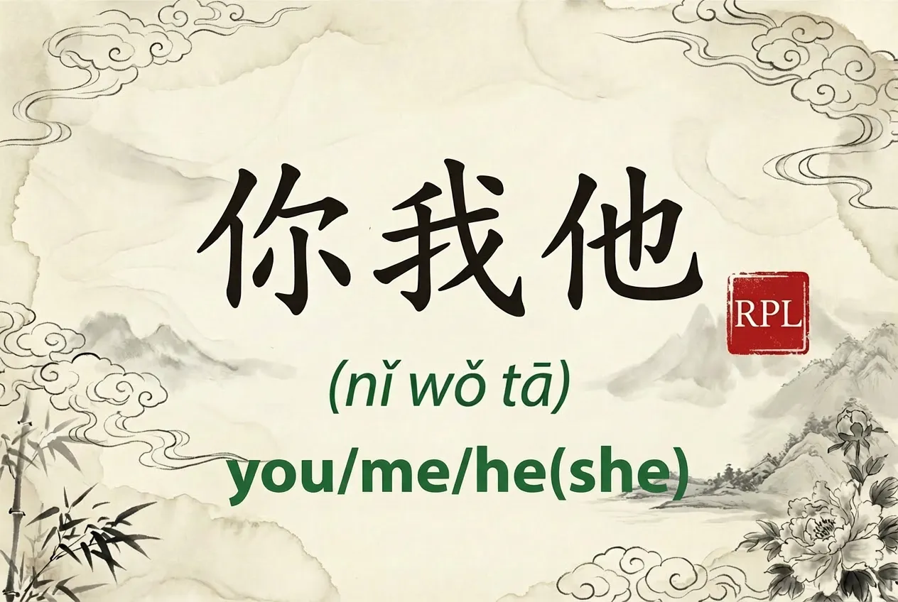 Chinese pronouns '你我他' (nǐ wǒ tā) meaning 'you, me, he/she/they' written in Chinese characters with pronunciation
