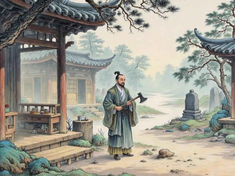 Illustration of a person wielding an axe at Lu Ban’s door