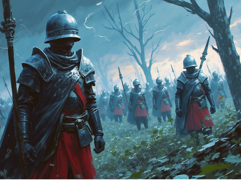 An ancient Chinese painting showing a fearful general mistaking trees and grass for enemy soldiers, representing the idiom 草木皆兵 and paranoia after defeat.