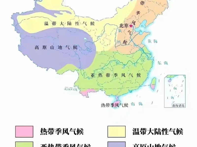Map of China showing northern, southern, western, and eastern coastal climate zones with seasonal weather patterns