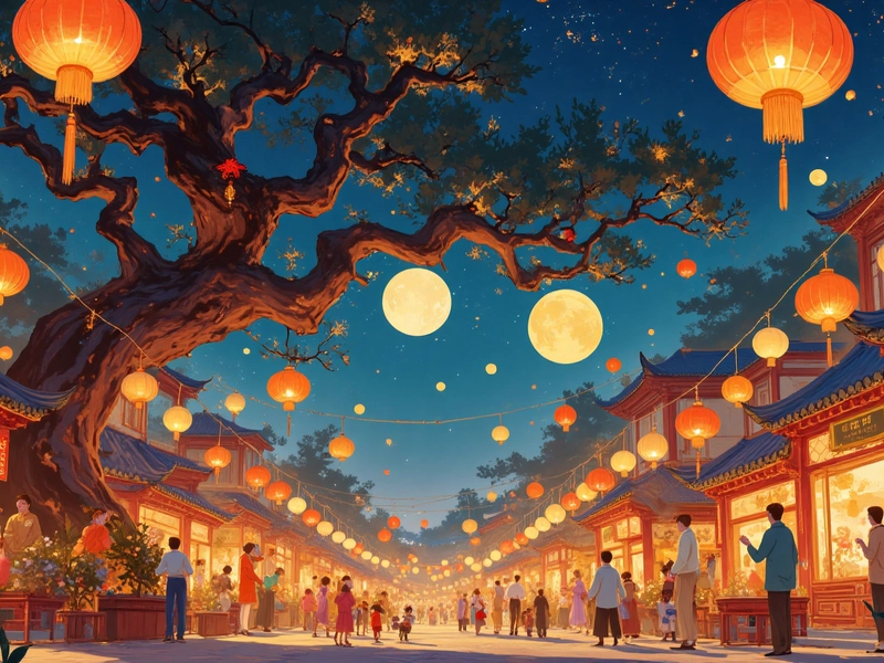 Chinese family gathered outdoors at night, enjoying mooncakes and admiring the full moon during Mid-Autumn Festival