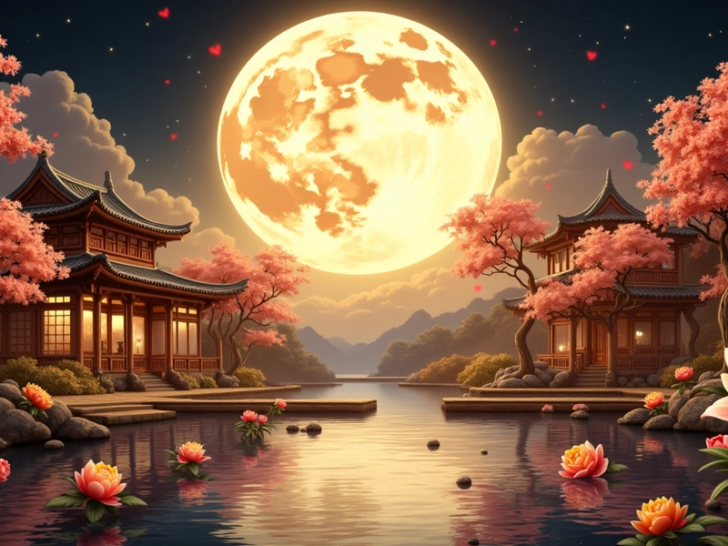 Full moon and blooming flowers representing the Chinese idiom 花好月圆, symbolizing happiness, harmony, and family reunion