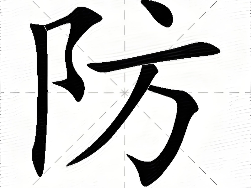 The Chinese character 防, symbolizing protection, defense, and prevention, central to safety, precaution, and defensive strategies in Chinese culture.
