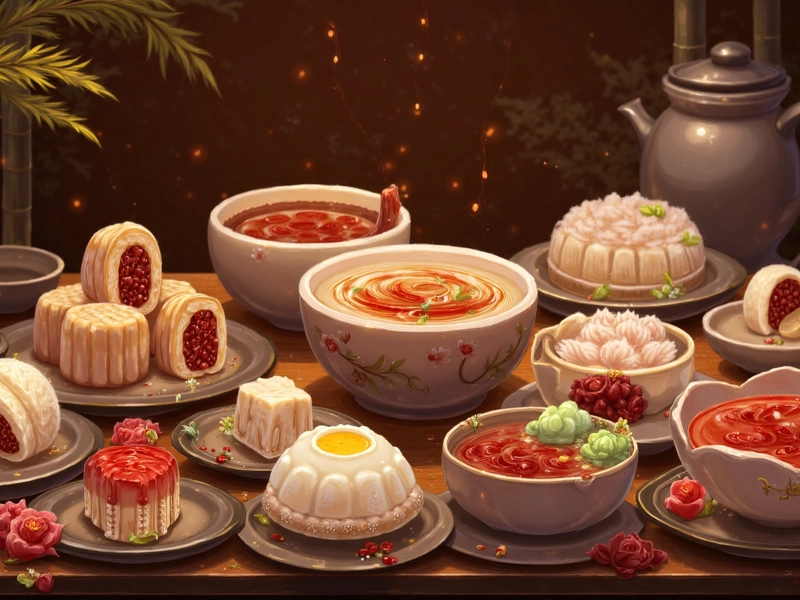 Traditional Chinese desserts arranged on a wooden table, showcasing the gentle and nuanced sweetness that defines Chinese dessert culture.
