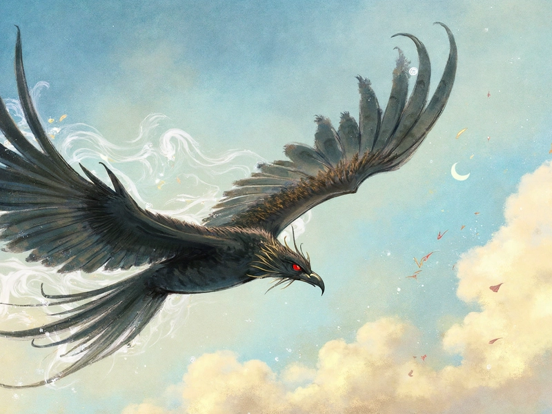 “A giant mythical roc soaring across the sky, symbolizing limitless ambition and a bright future.”