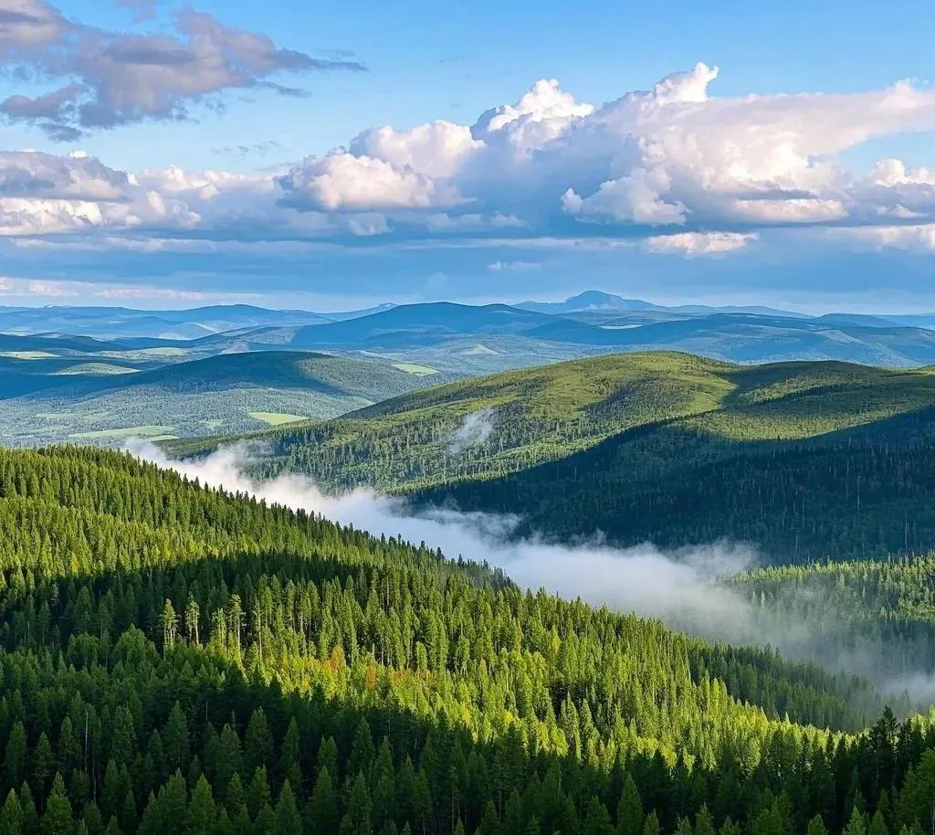 Panoramic view of Greater Khingan Range showing vast pristine forests and snow-covered peaks