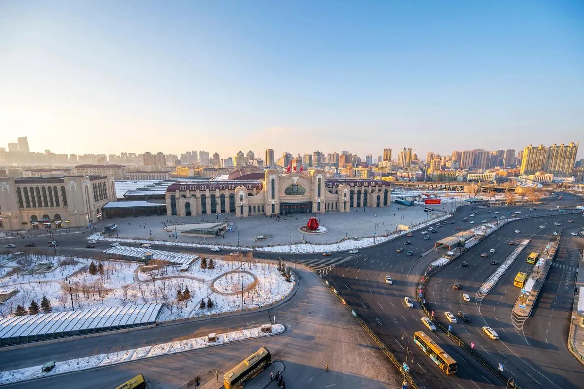 Harbin cityscape showing St. Sophia Cathedral and European-style architecture along Songhua River
