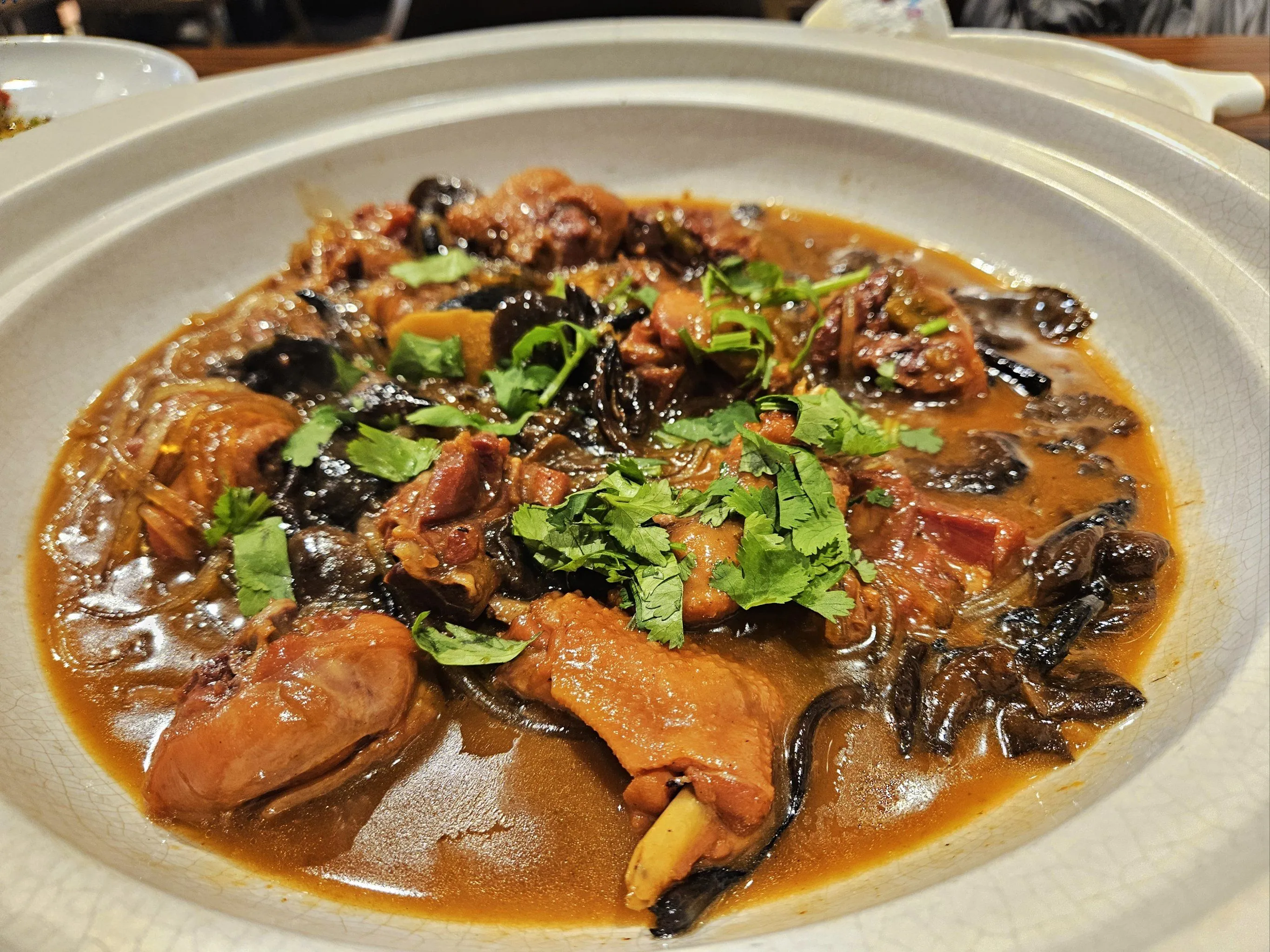 Braised chicken with wild mushrooms and potato noodles in hearty stew