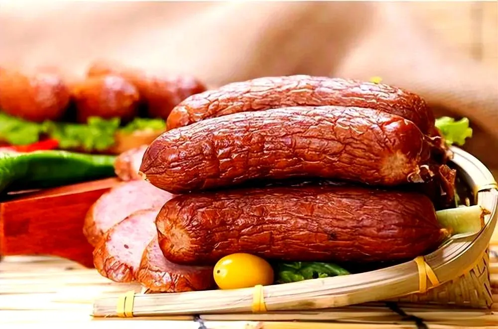 Traditional Harbin red sausages displayed with traditional packaging