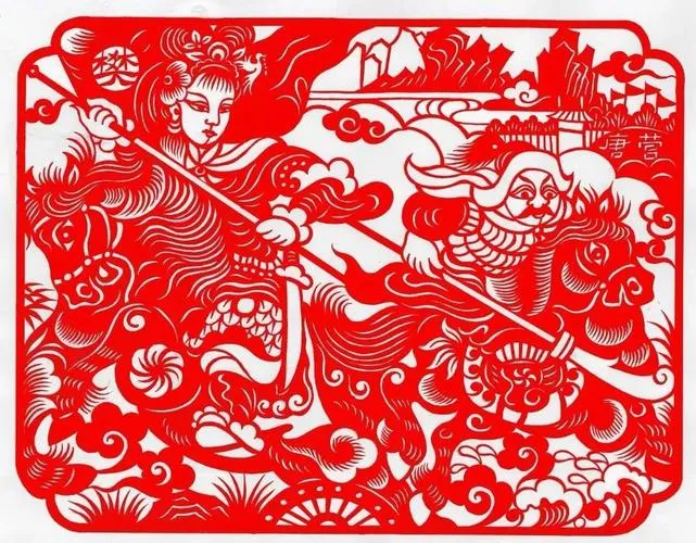 Colorful Yuxian paper-cutting artwork with traditional opera character designs