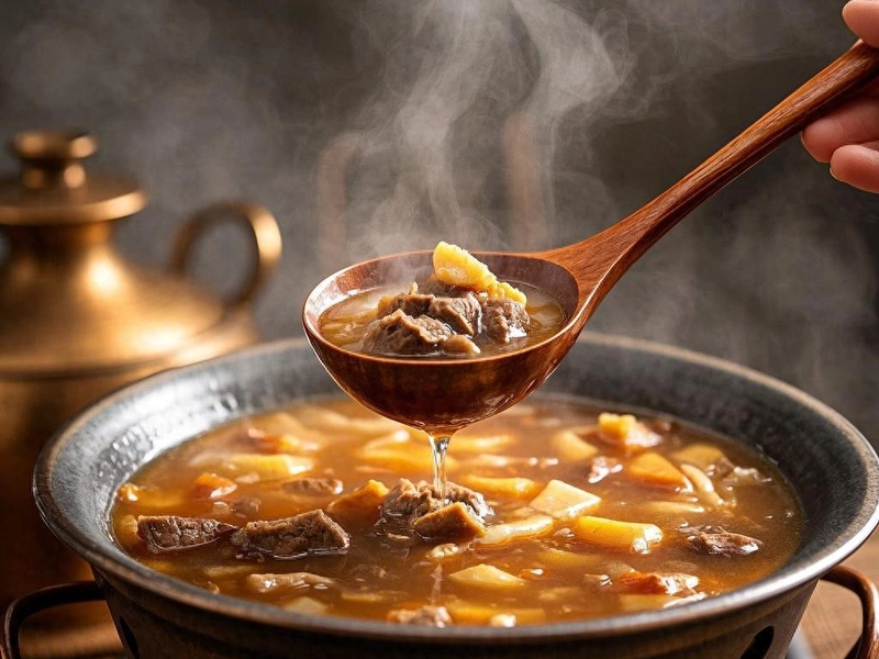 Bowl of Hulatang spicy soup with beef and spices, served with youtiao