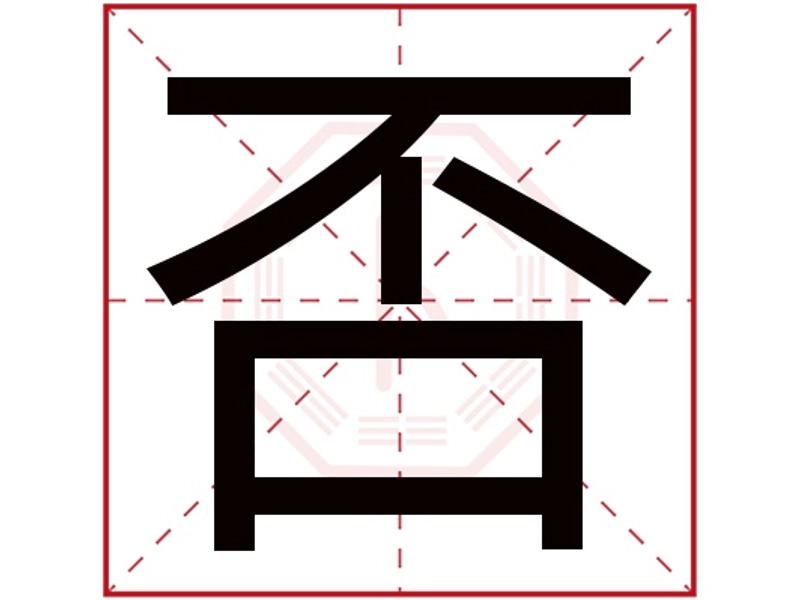 Illustration of the Chinese character “否” (fǒu/pǐ), showing its composition of “不” (no) above “口” (mouth), symbolizing verbal negation. It represents refusal in daily language and stagnation in I Ching philosophy, embodying the cycle of adversity and renewal in Chinese thought.