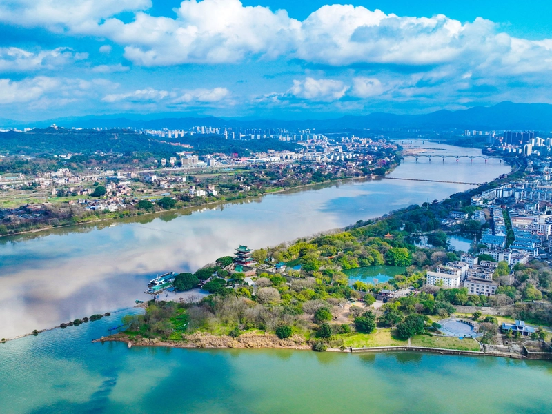 Ganzhou ancient city walls with Hakka traditional architecture and modern cityscape