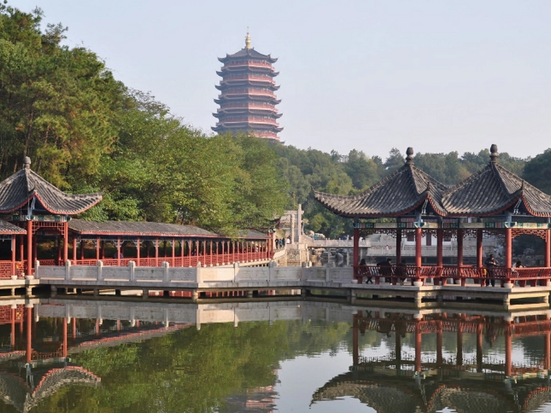 Xinyu Fairy Lake landscape with industrial facilities in background