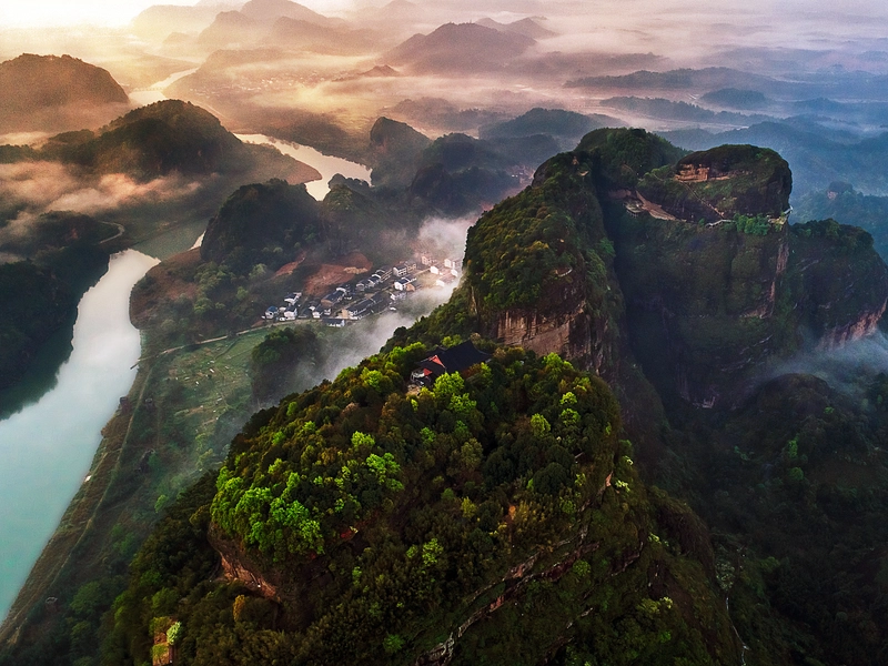 Mount Longhu Danxia landscape with Taoist temples and Lu River bamboo rafts