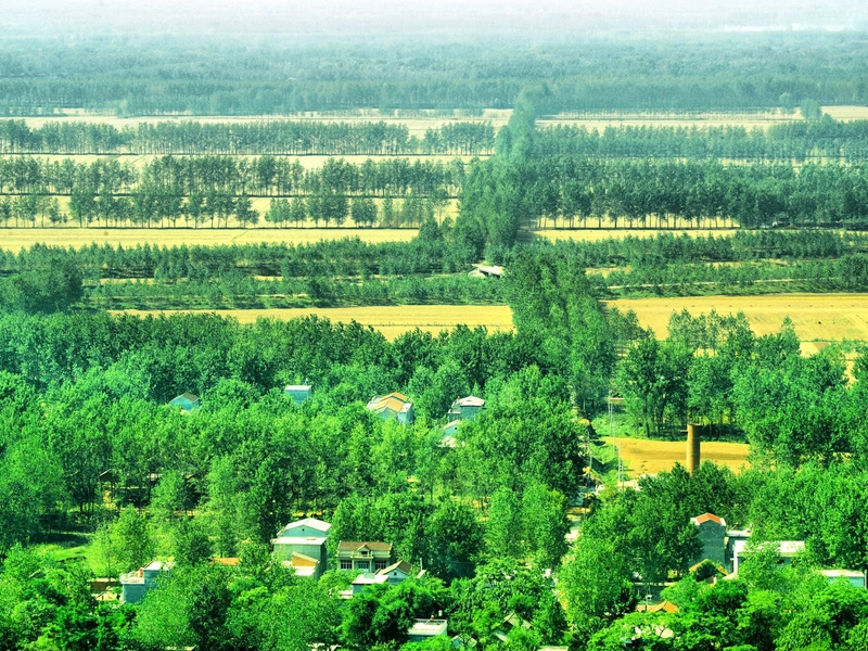 Anhui Jianghuai plains with patchwork fields and winding rivers, illustrating fertile agricultural landscape