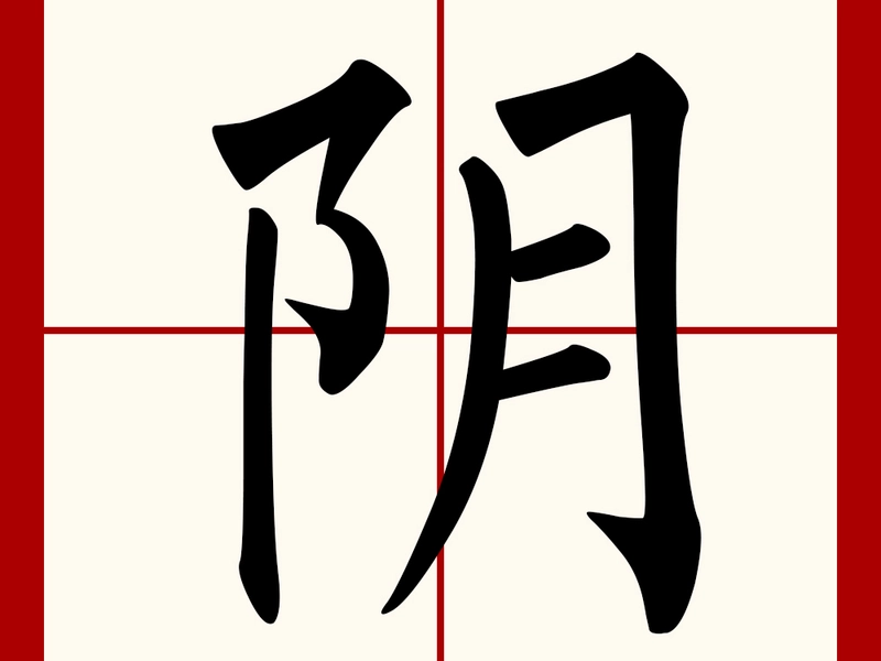 Illustration of the Chinese character 阴 (yīn) highlighting its etymology, yin-yang symbolism, natural and philosophical meanings, including shade, darkness, femininity, hidden qualities, and cultural significance in Chinese philosophy, medicine, and literature.