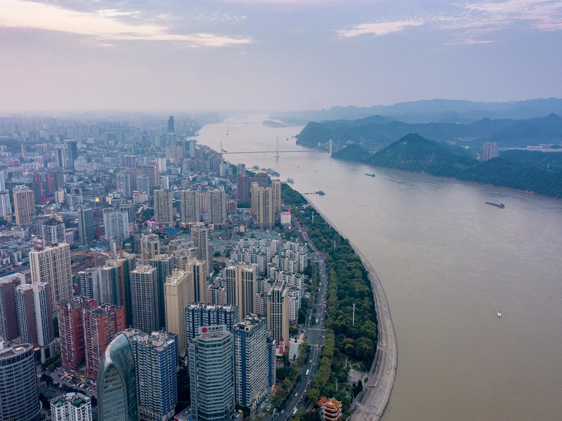 Three Gorges Dam and surrounding landscape, Yichang, Hubei