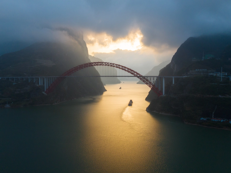 Panoramic view of the Three Gorges along the Yangtze River with cliffs and rapids