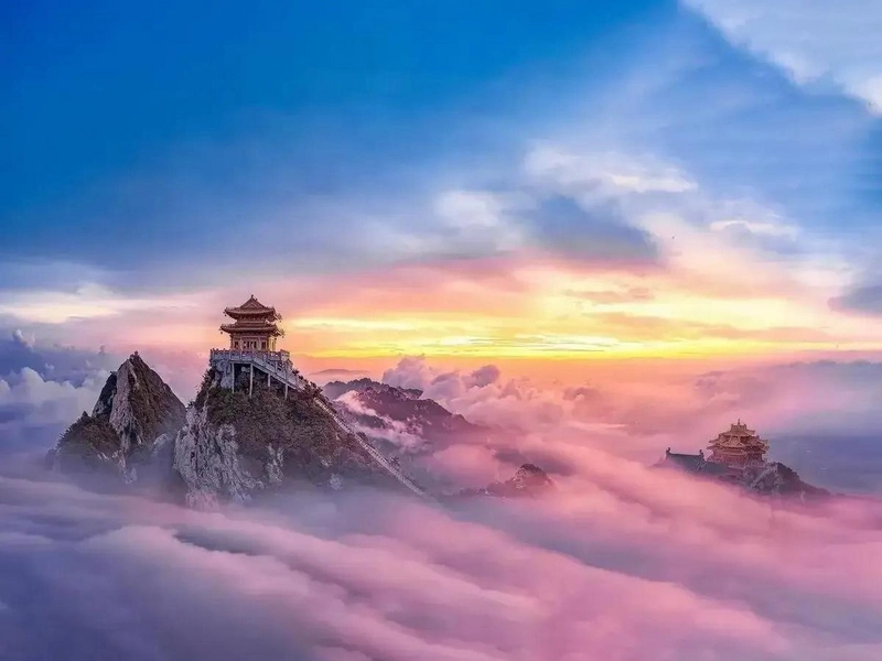 Mount Wudang with Golden Summit and ancient Taoist temples in mist