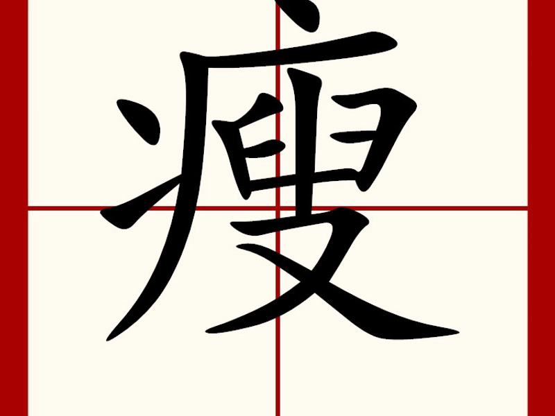 Illustration of the Chinese character 瘦 (shòu) showing its meanings of thinness, leanness, frailty, and cultural symbolism, with common combinations, historical roots, and modern aesthetic and health-related interpretations.