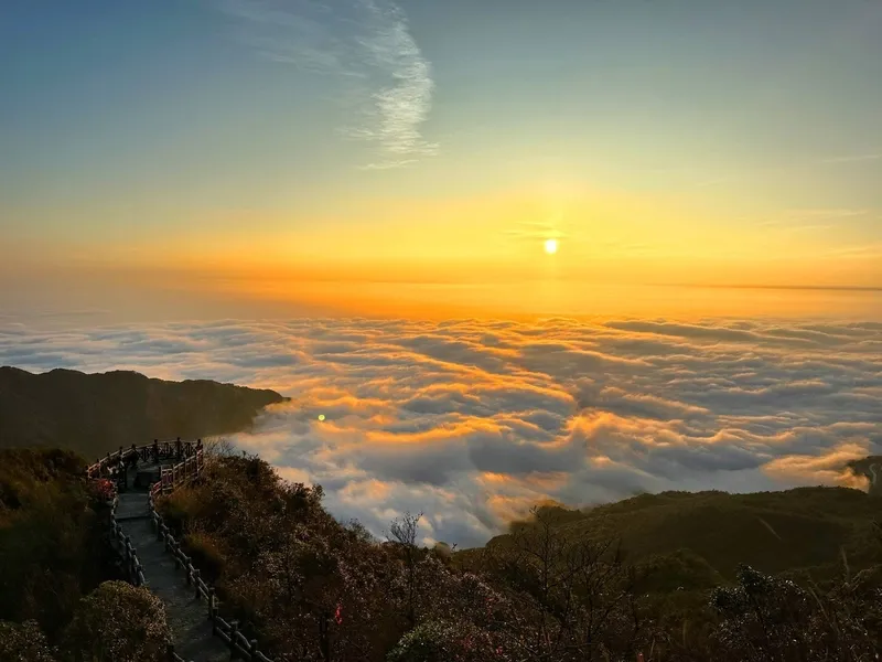 Daming Mountain shrouded in mist, verdant forests, rolling peaks, and cascading waterfalls