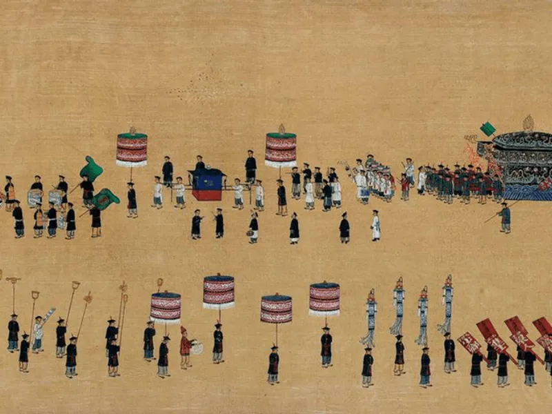 A historical illustration or stylized image depicting the ancient 'Welcome Winter' state ceremony, with officials proceeding to the northern suburbs in black ceremonial attire.