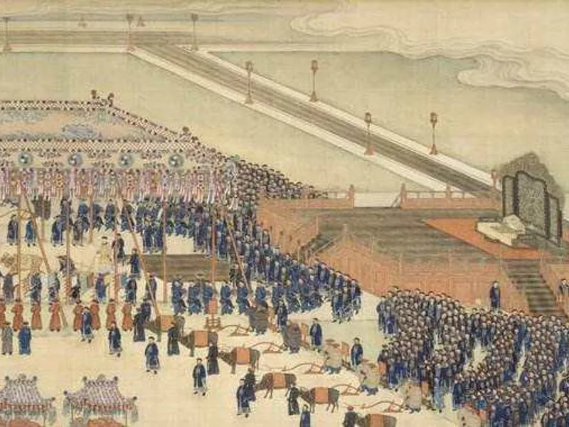 A stylized depiction of an ancient Chinese 'Welcoming Winter' state ceremony, showing officials in black robes heading towards the northern suburb.