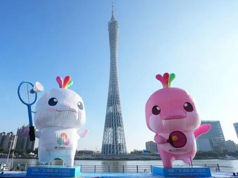 Xiyangyang and Lerongrong mascots performing at the opening ceremony of the 15th National Games in Guangzhou.