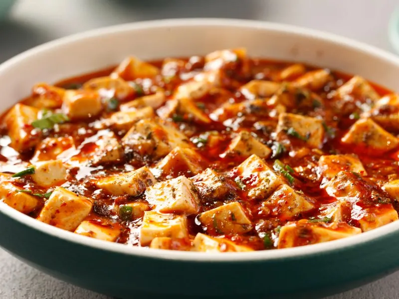 Sichuan mapo tofu with minced pork and chili peppercorns