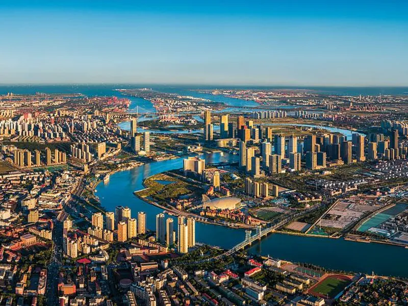 Tianjin port and urban district vista showing industrial and historic areas