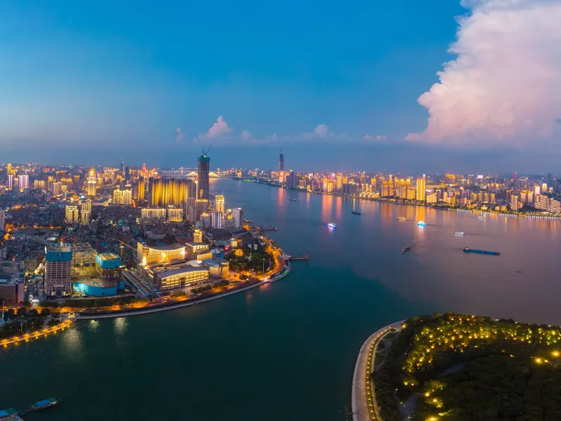 Wuhan riverside view highlighting bridges, lakes and urban expansion