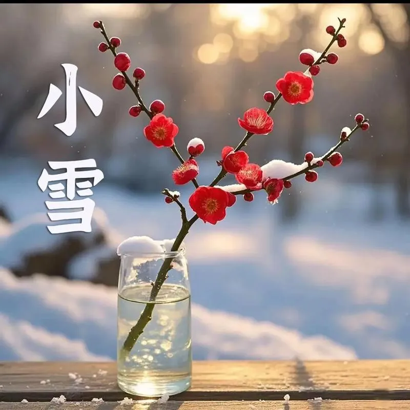 A snowy northern Chinese landscape during Xiaoxue (Minor Snow) with people enjoying winter foods and traditional customs.