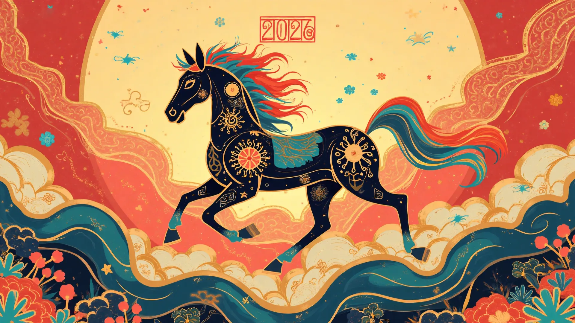 Illustration of the 2026 Fire Horse, symbolizing energy, adventure, and independence in Chinese zodiac astrology.