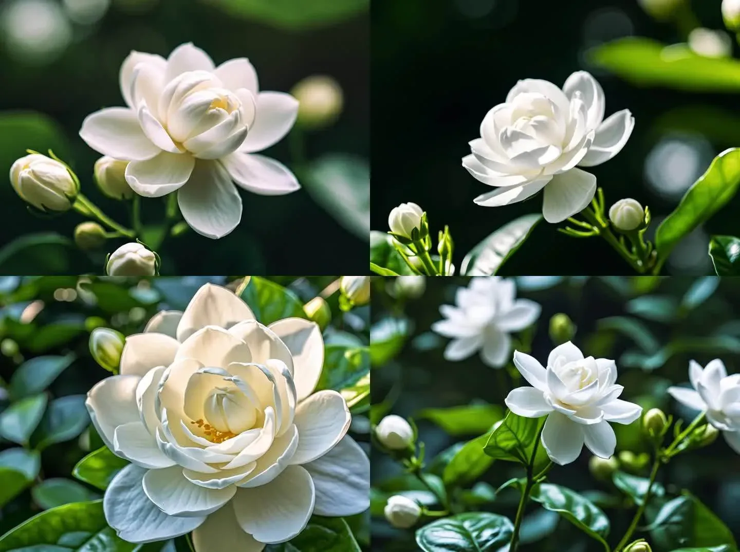 Fresh jasmine flowers and tea leaves arranged for traditional Chinese jasmine tea, highlighting its aromatic blossoms, brewing process, and cultural significance in gardens, art, and tea ceremonies.