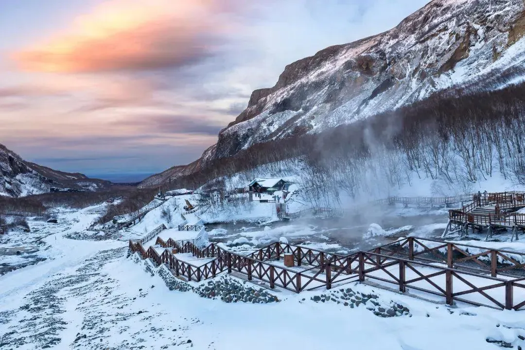 Changbai Mountain with snow-covered peaks and hot springs
