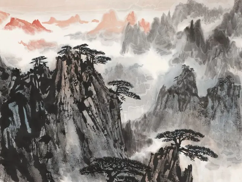 Scenic view of Huangshan, the Yellow Mountains in China, featuring jagged granite peaks, twisted pine trees, a mystical sea of clouds, and sunrise over the mountain landscape, highlighting natural beauty and cultural heritage.