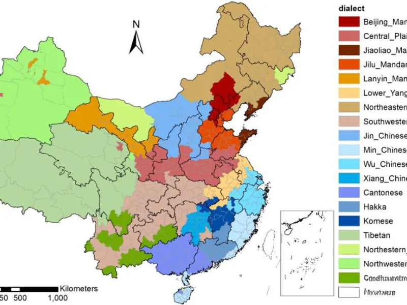 Map of China highlighting linguistic diversity, showing Mandarin, major Sinitic languages including Cantonese, Wu, Min, Hakka, Xiang, and Gan, alongside minority languages such as Tibetan, Uyghur, Mongolian, and Zhuang, illustrating the country’s rich cultural and linguistic heritage.