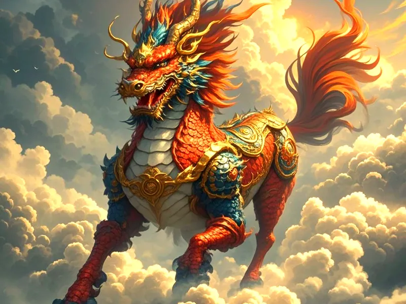 A traditional Chinese depiction of the Qílín, a mythical creature with dragon-like scales, a deer-like body, and a single horn, symbolizing peace, prosperity, and divine blessing.