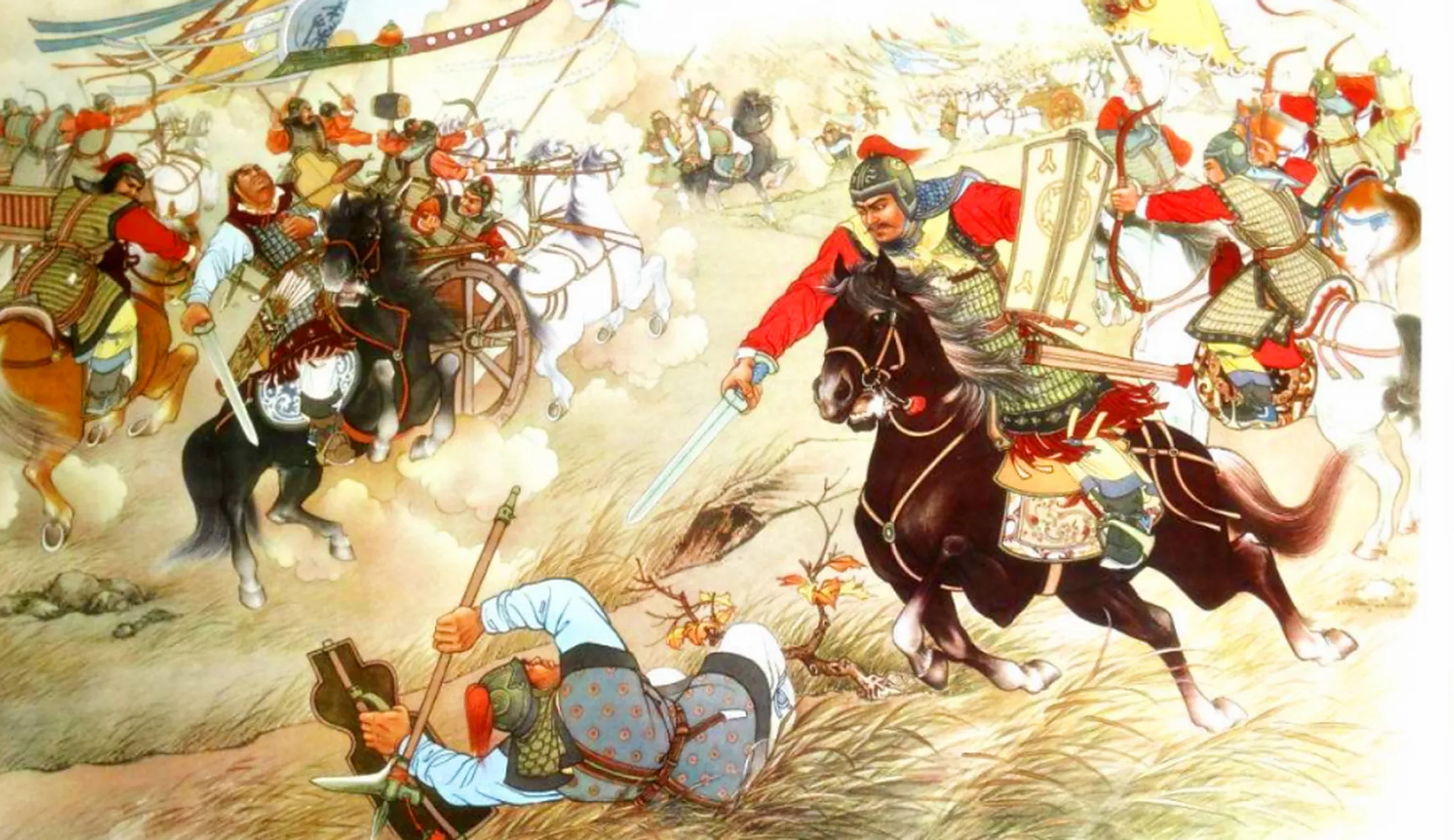 Warring States Period military scene with soldiers, weapons, and chariots