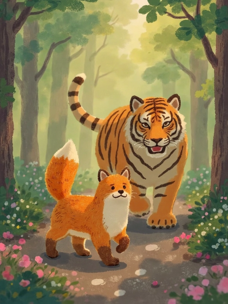 Illustration of the Chinese idiom 狐假虎威 (Hú Jiǎ Hǔ Wēi), showing a clever fox using a tiger's power to intimidate other animals — perfect for Mandarin learners and Chinese culture content.